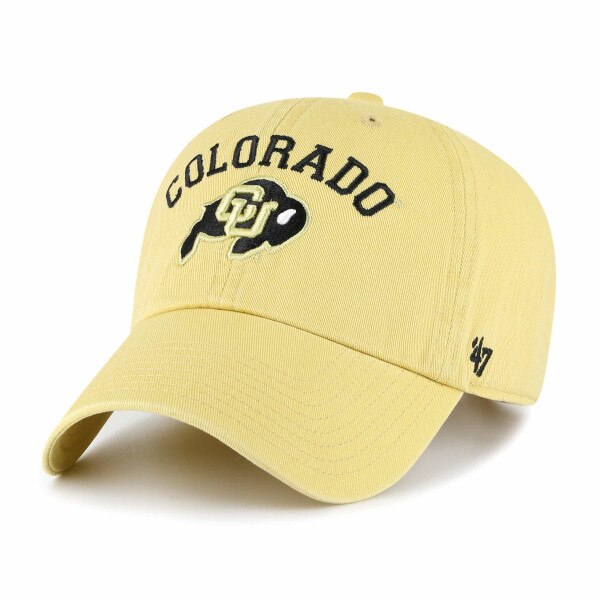 A Vegas Gold hat with embroidered Colorado lettering in black, and an embroidered C-U Buffalo logo.